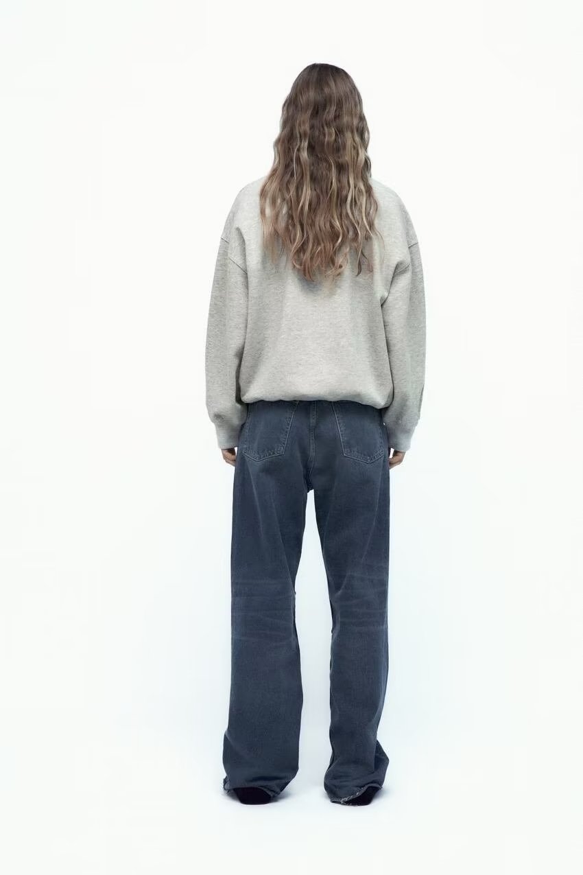 Spring Women Clothing Character Embroidery Round Neck Pullover Gray Sweatshirt