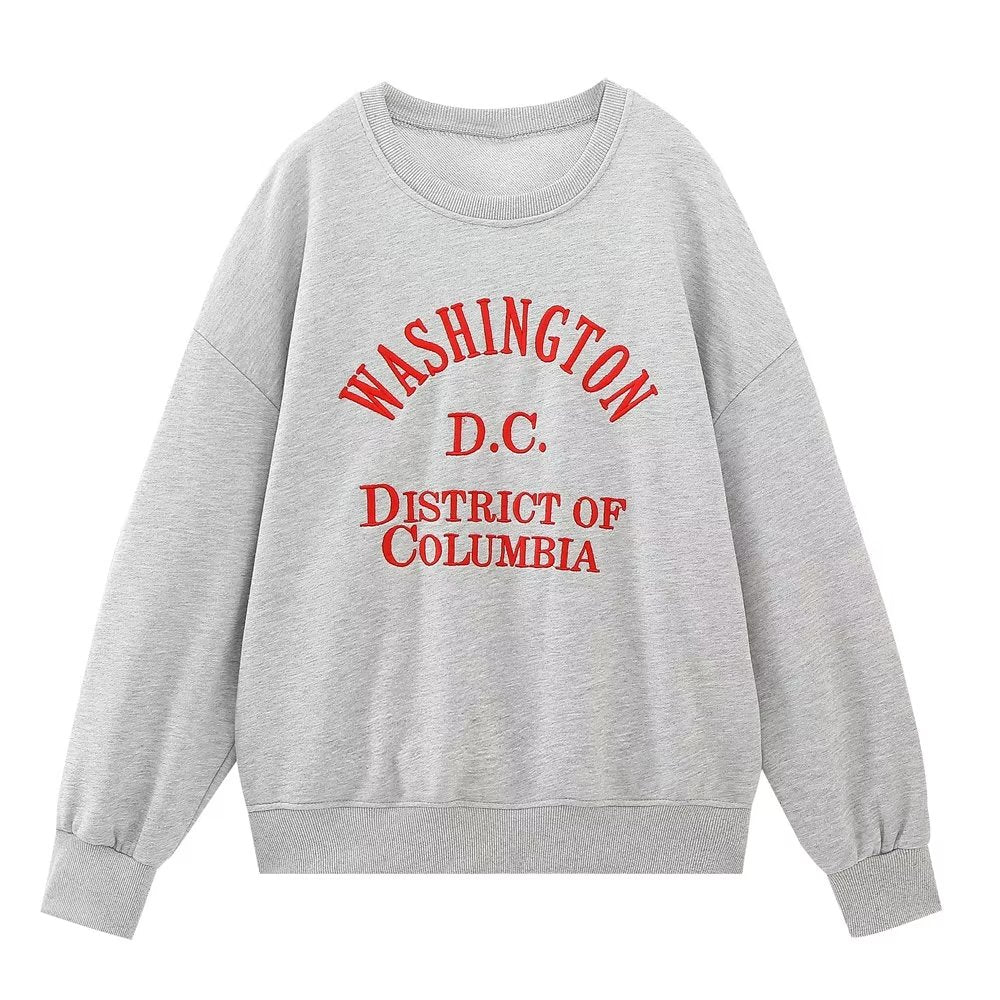 Spring Women Clothing Character Embroidery Round Neck Pullover Gray Sweatshirt