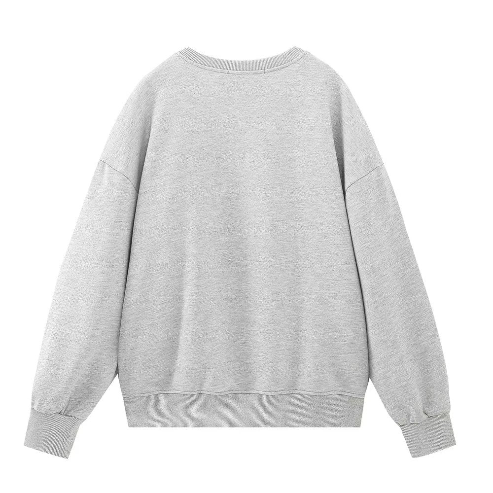 Spring Women Clothing Character Embroidery Round Neck Pullover Gray Sweatshirt