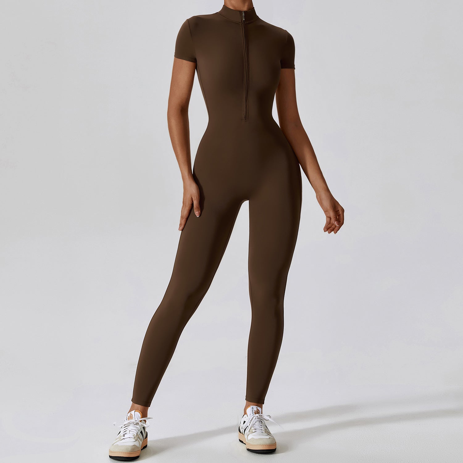 Zipper Short Sleeve Nude Feel Yoga Jumpsuit Women Outer Wear Fitness Sports One Piece Tights