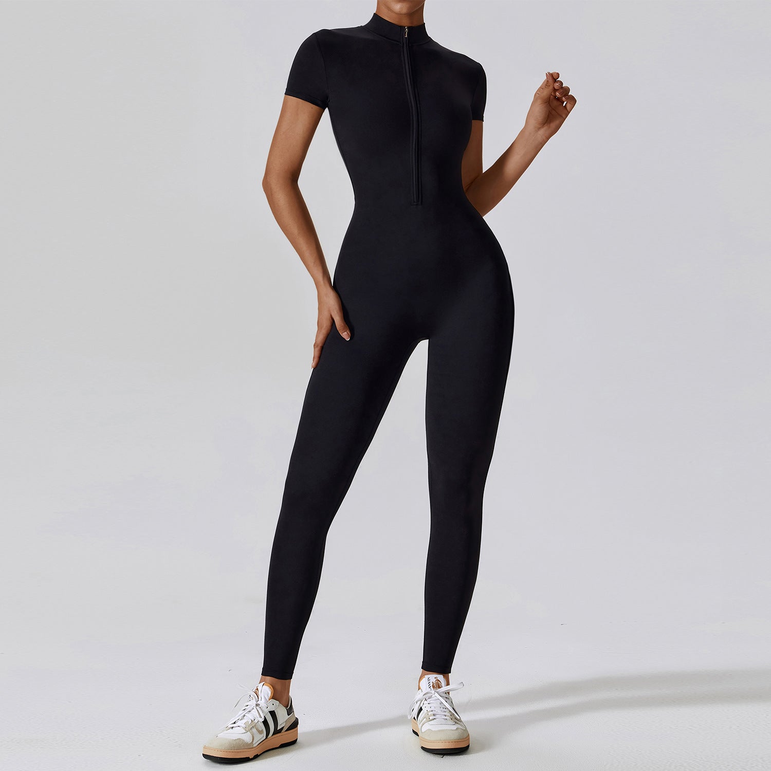 Zipper Short Sleeve Nude Feel Yoga Jumpsuit Women Outer Wear Fitness Sports One Piece Tights
