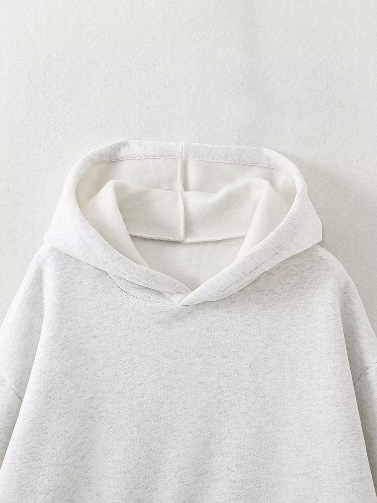 Autumn Women Casual Solid Color Pocket Loose Hooded Mid Length Sweatshirt