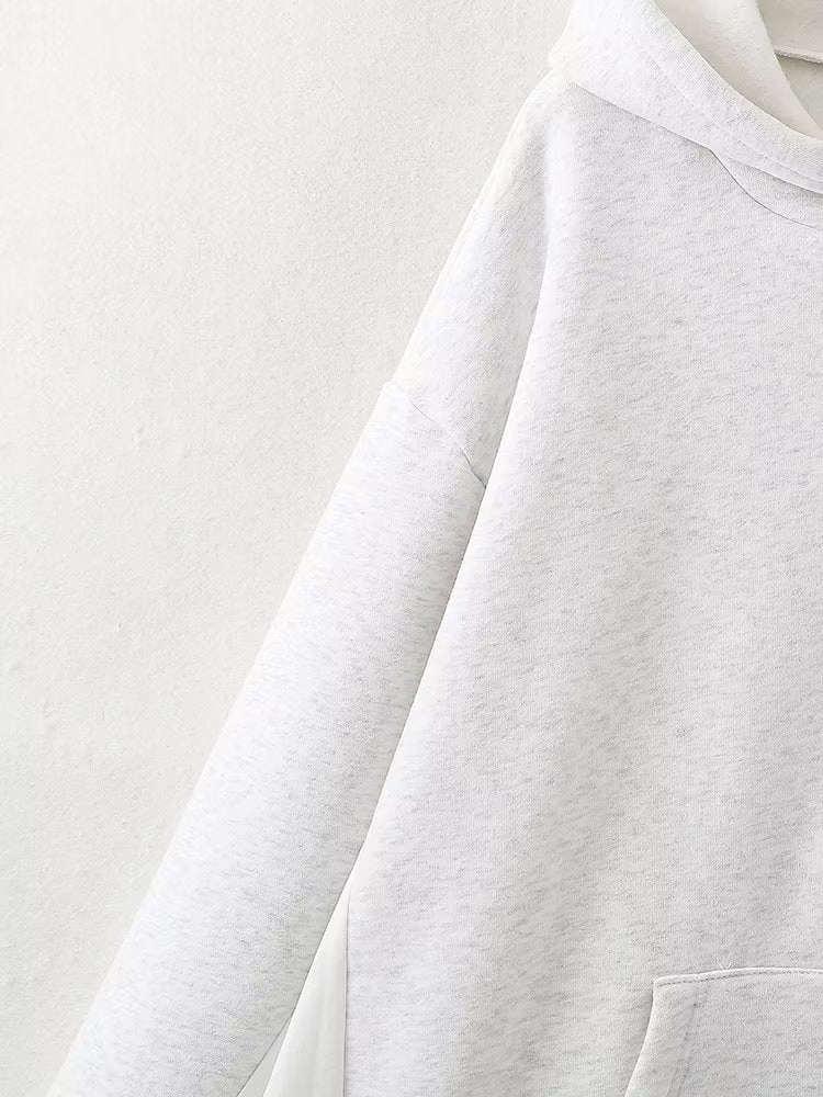 Autumn Women Casual Solid Color Pocket Loose Hooded Mid Length Sweatshirt