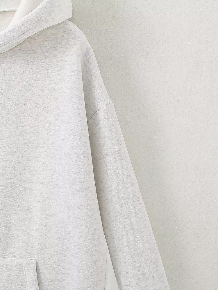 Autumn Women Casual Solid Color Pocket Loose Hooded Mid Length Sweatshirt