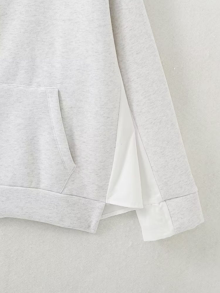 Autumn Women Casual Solid Color Pocket Loose Hooded Mid Length Sweatshirt