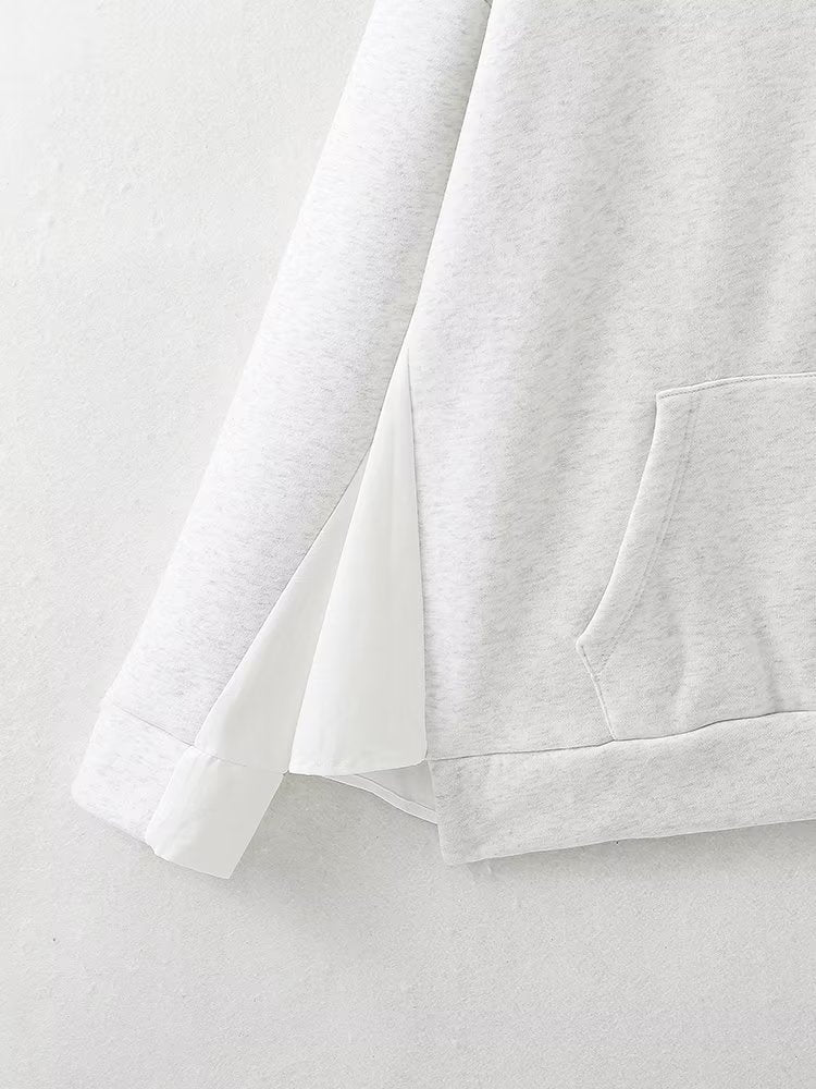 Autumn Women Casual Solid Color Pocket Loose Hooded Mid Length Sweatshirt