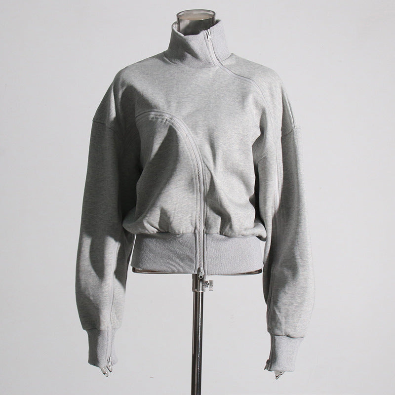 Fashionable Trendy Autumn Design Stitching Zipper Waist Slimming Solid Color Simple Sweatshirt for Women