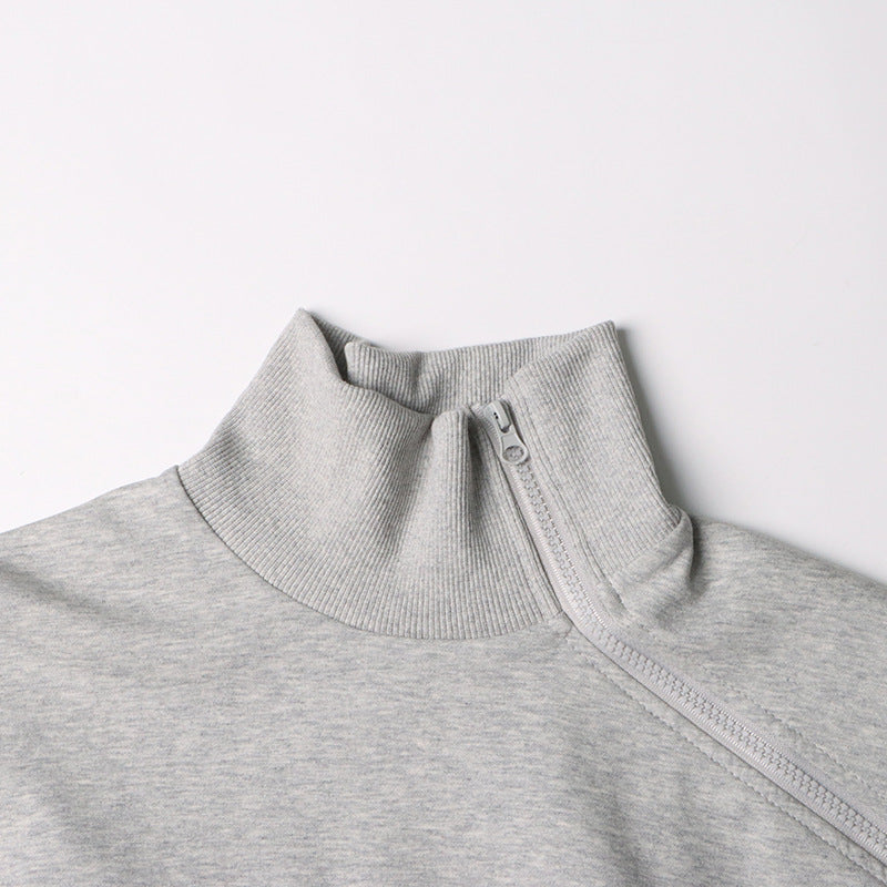 Fashionable Trendy Autumn Design Stitching Zipper Waist Slimming Solid Color Simple Sweatshirt for Women
