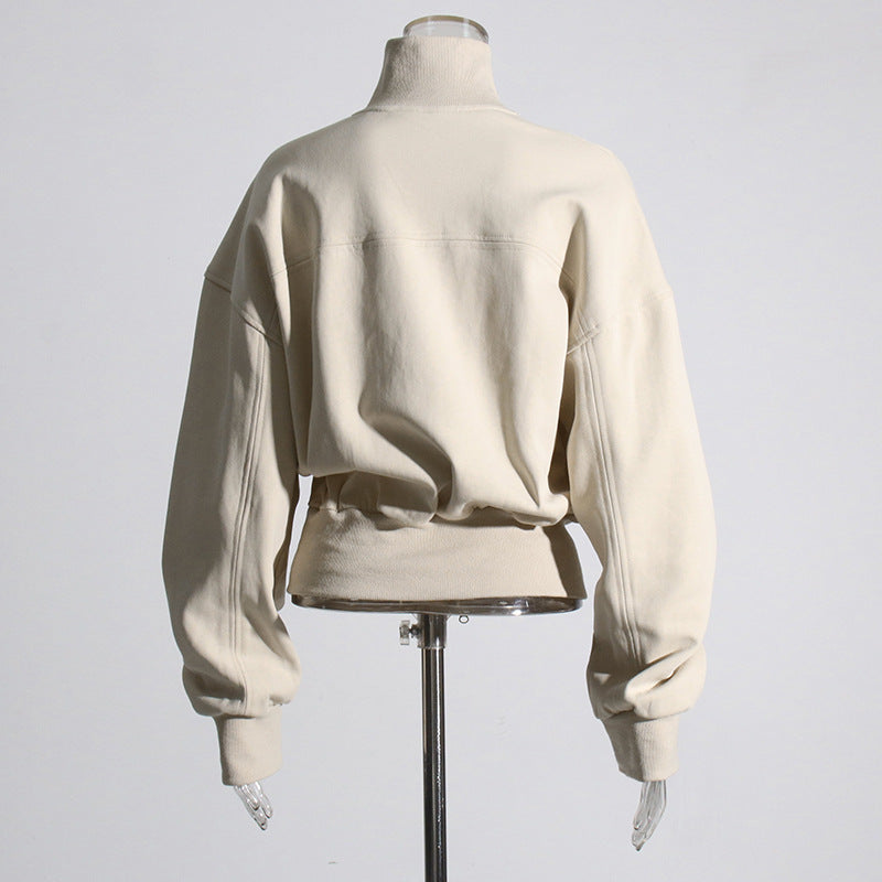 Fashionable Trendy Autumn Design Stitching Zipper Waist Slimming Solid Color Simple Sweatshirt for Women