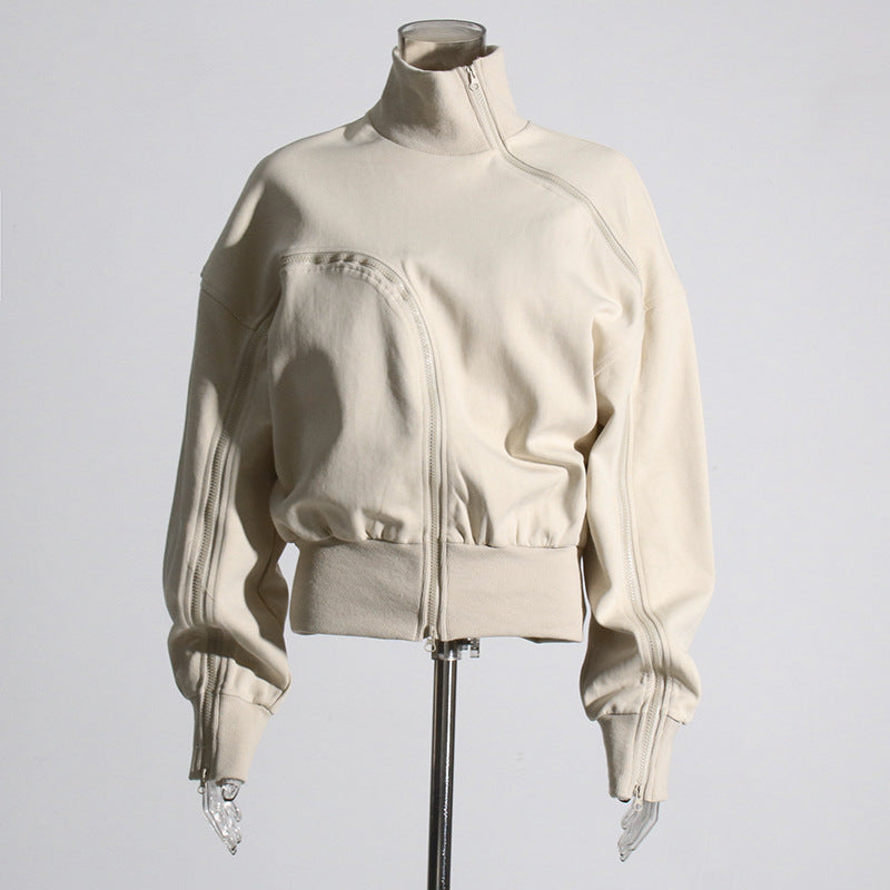 Fashionable Trendy Autumn Design Stitching Zipper Waist Slimming Solid Color Simple Sweatshirt for Women