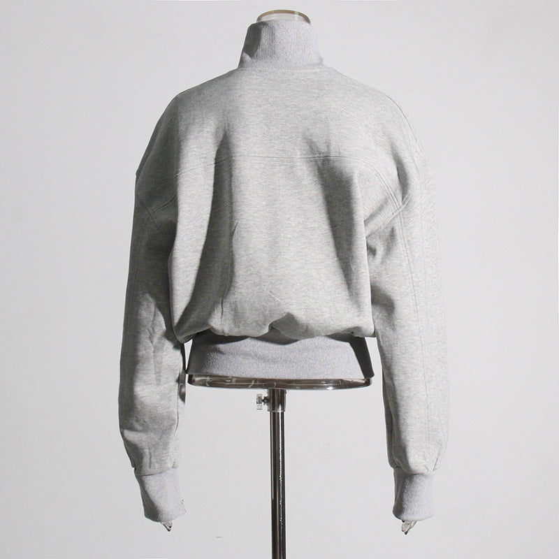 Fashionable Trendy Autumn Design Stitching Zipper Waist Slimming Solid Color Simple Sweatshirt for Women