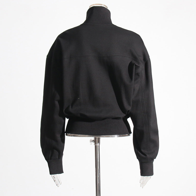 Fashionable Trendy Autumn Design Stitching Zipper Waist Slimming Solid Color Simple Sweatshirt for Women