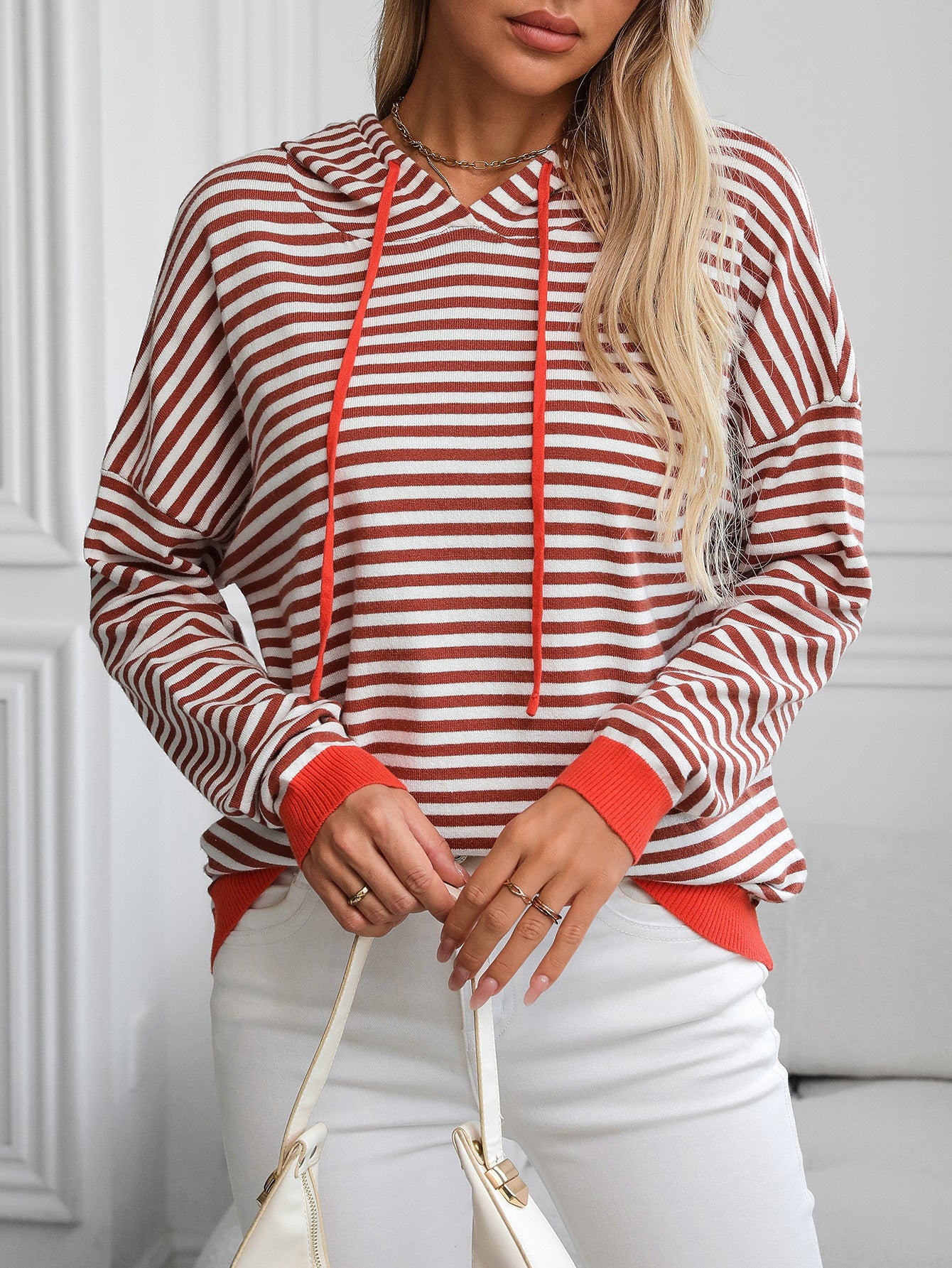 Autumn Winter Women Clothing Striped Contrast Color Long Sleeves Casual Sweatshirt Hoodie for Women