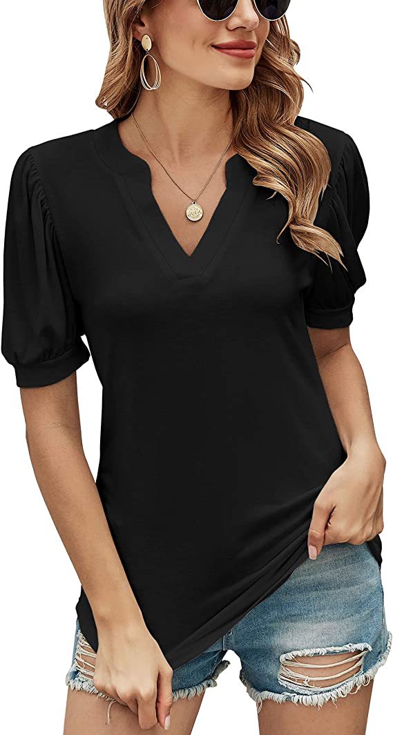 Top Summer Casual V neck Solid Color Puff Sleeve Loose T shirt Women