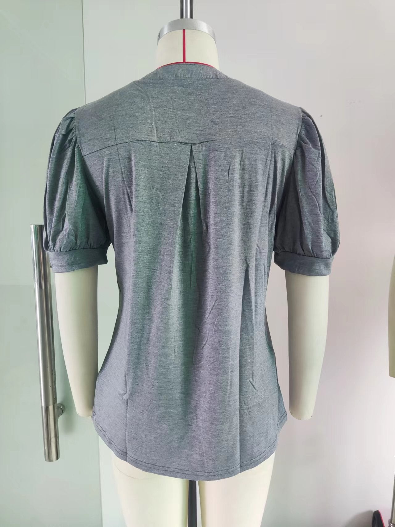 Top Summer Casual V neck Solid Color Puff Sleeve Loose T shirt Women