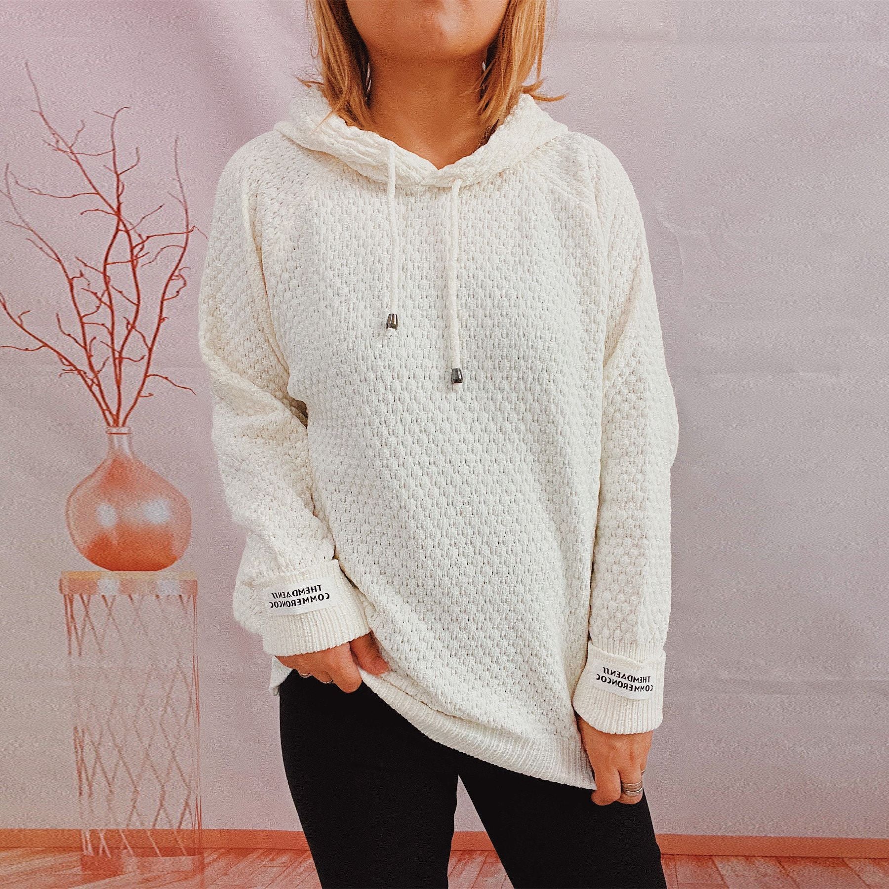 Autumn Winter Hoodie Knitwear Loose Solid Color Patch Sweatshirt Pullover for Women