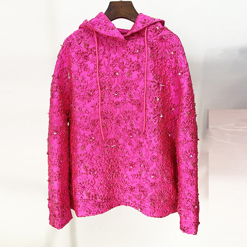 Jacquard Heavy Industry Beads Drawstring Hooded Long Sweatshirt Dress Loose Top