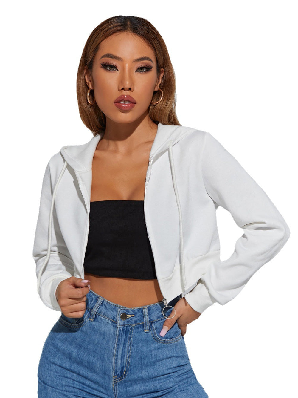 Autumn Winter New Women Clothing Zipper Hooded Fleece Short Hoodies