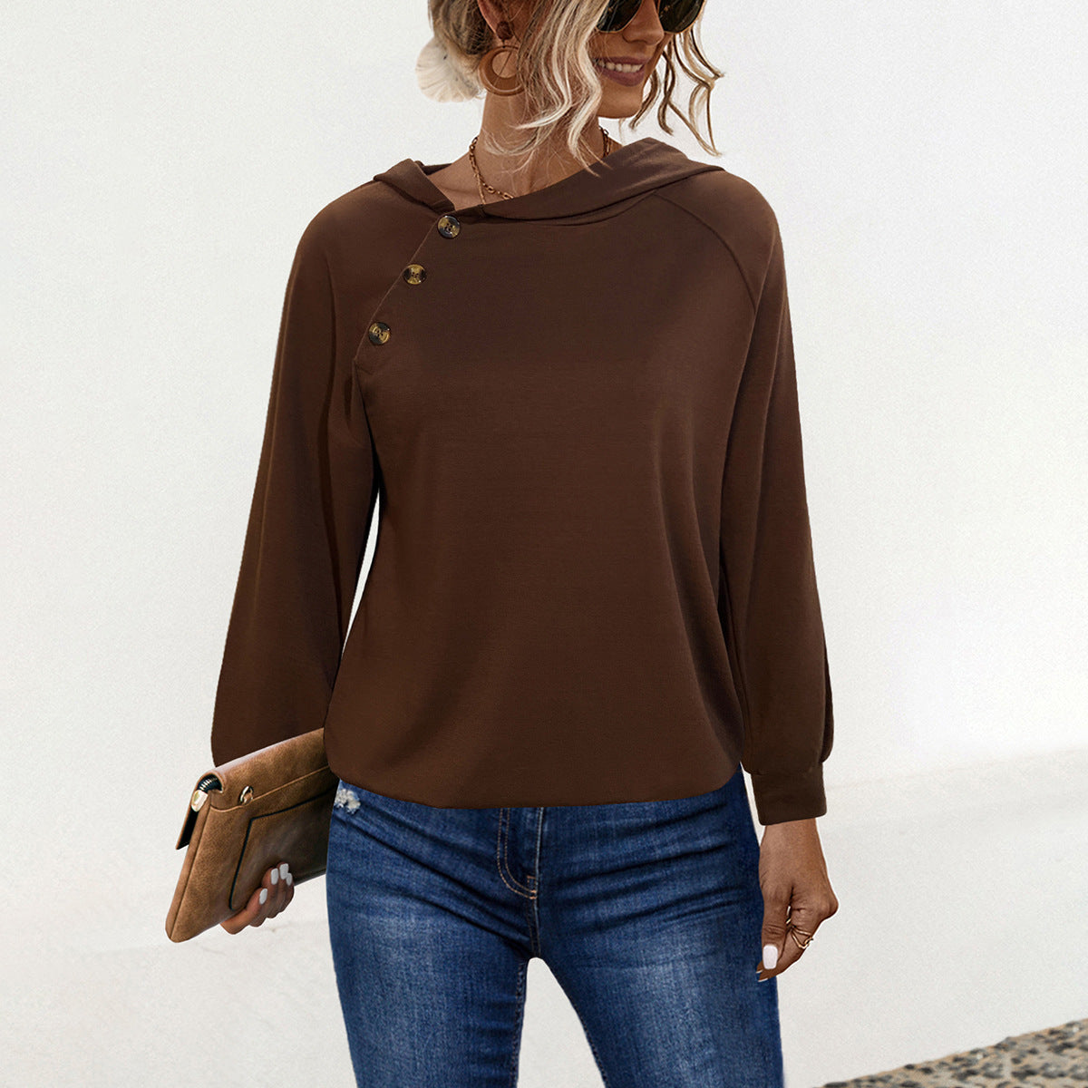 Fall Women Clothing Buckle Hooded Long Sleeve Sweatshirt