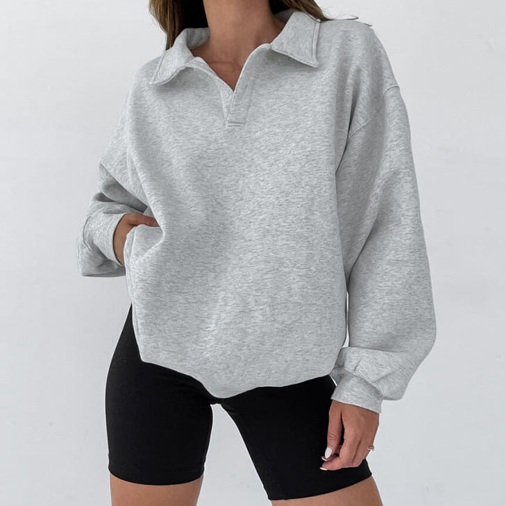 Autumn Winter Loose Casual Sweatshirt Lantern Sleeve Polo Collar Design Blouse Women