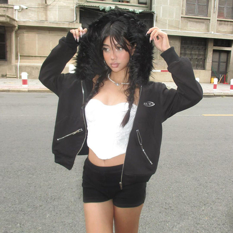 Black Zipper Split Printed Plush Hooded Sweatshirt High Street BF Loose Warm Coat