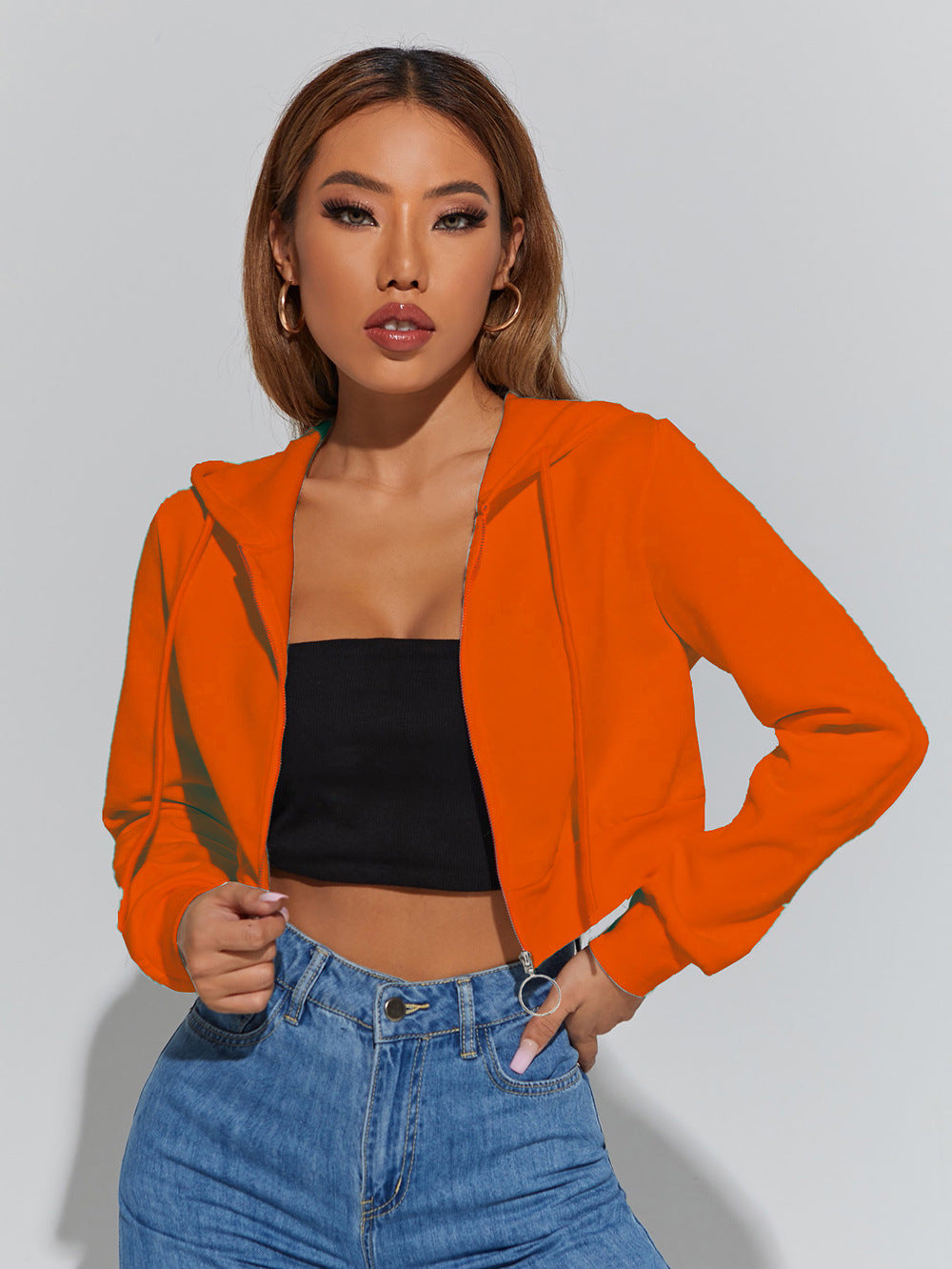 Autumn Winter New Women Clothing Zipper Hooded Fleece Short Hoodies