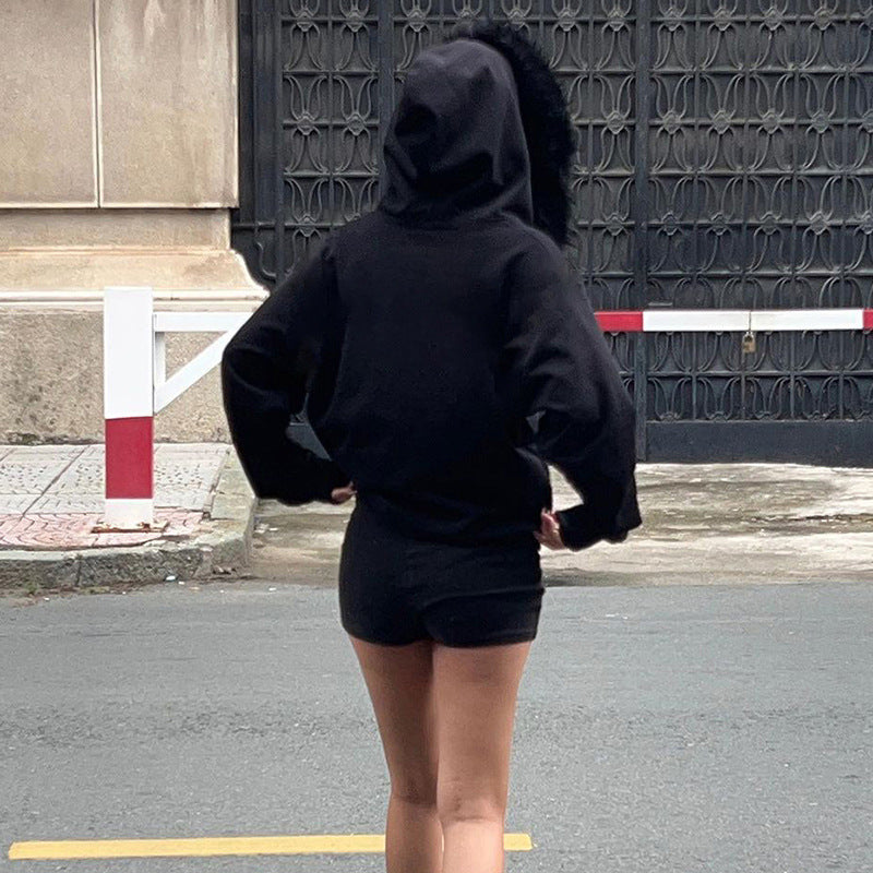 Black Zipper Split Printed Plush Hooded Sweatshirt High Street BF Loose Warm Coat