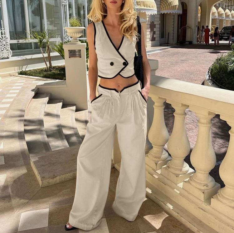 Cotton Color Matching Two Piece Sets Women Sleeveless Waistcoat Vest Top High Waist Wide Leg Pants Twet