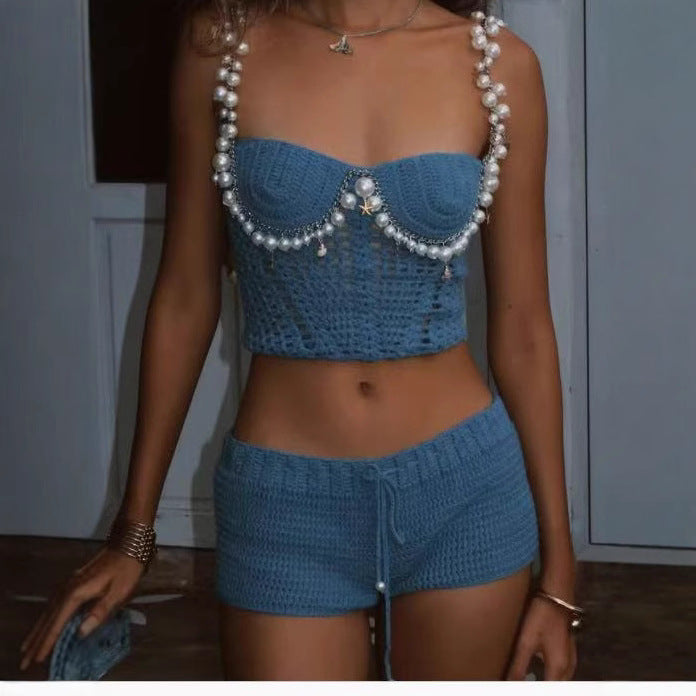 Spring Summer Sexy Solid Color Crop Top Spaghetti Strap Beaded Top Short Sets