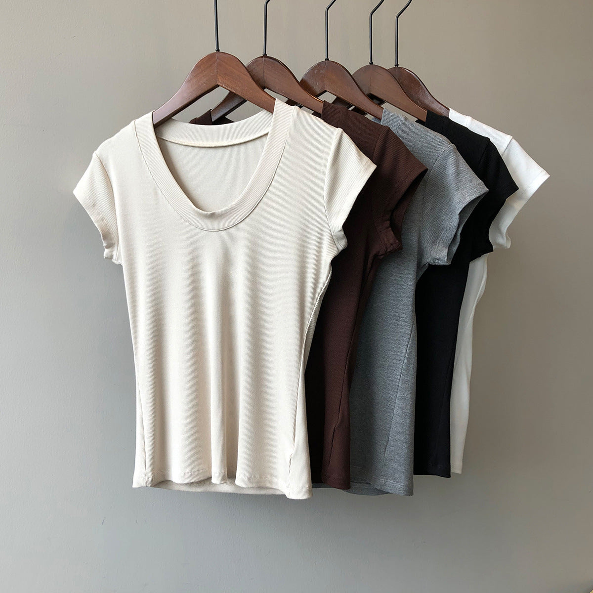 Solid Color T shirt for Women Summer Simplicity U Collar Slimming Stretch T shirt Top for Women