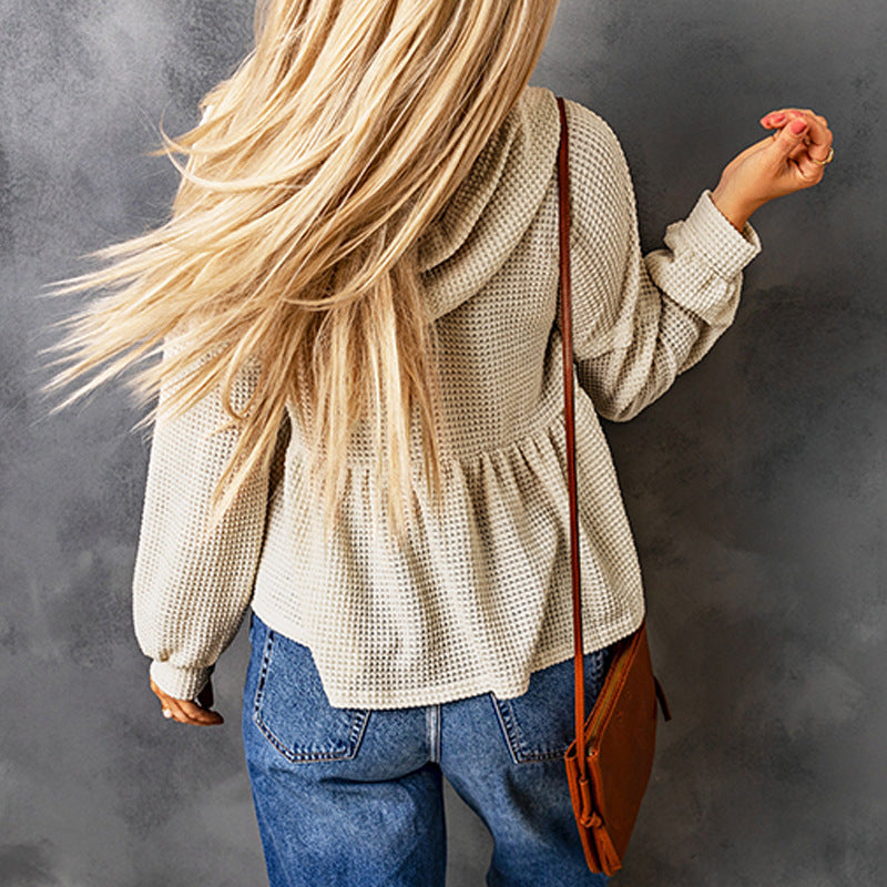 Early Autumn Solid Color Drawstring Button Sweatshirt Women Casual Hooded Loose Sweatshirt Women