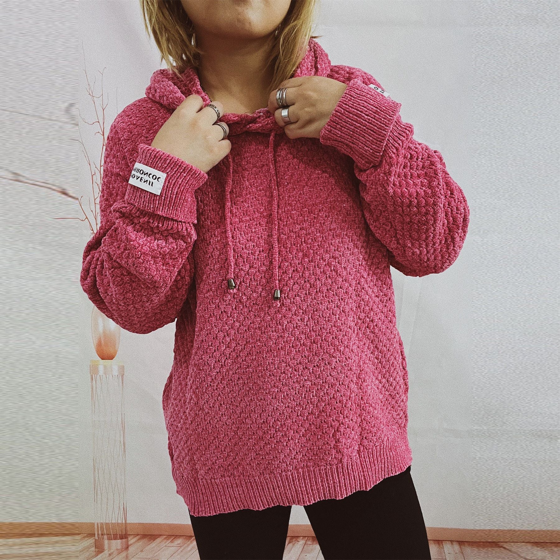 Autumn Winter Hoodie Knitwear Loose Solid Color Patch Sweatshirt Pullover for Women