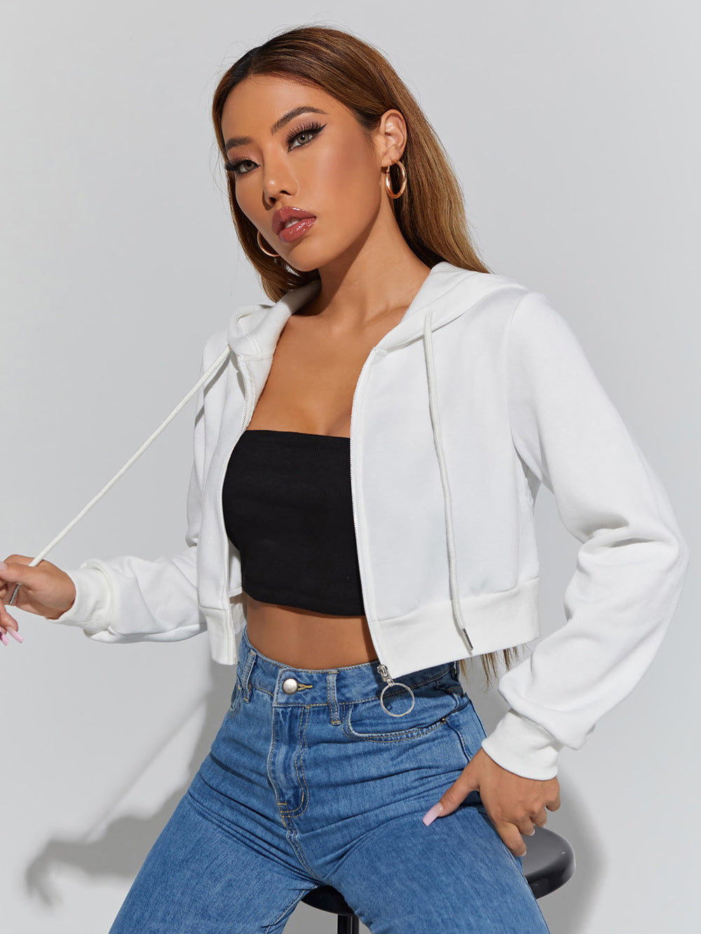 Autumn Winter New Women Clothing Zipper Hooded Fleece Short Hoodies