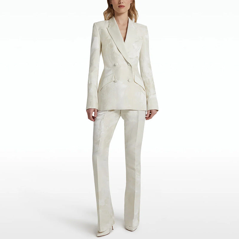 Women Elegant Jacquard Double Breasted Blazer Long Sleeved Two Piece Set