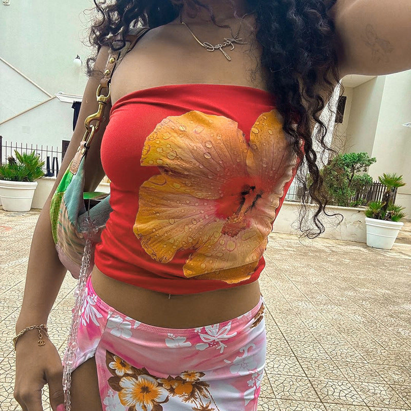 Sexy Tube Top Floral Print Cropped Summer Top Women Clothing