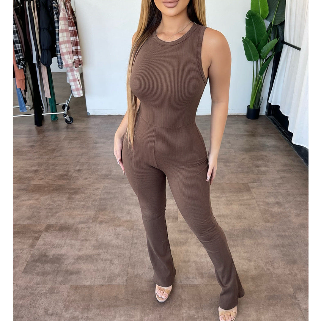 Women Clothing Comfortable Sleeveless Zipper Slim Fit High Waist Micro Pull Jumpsuit