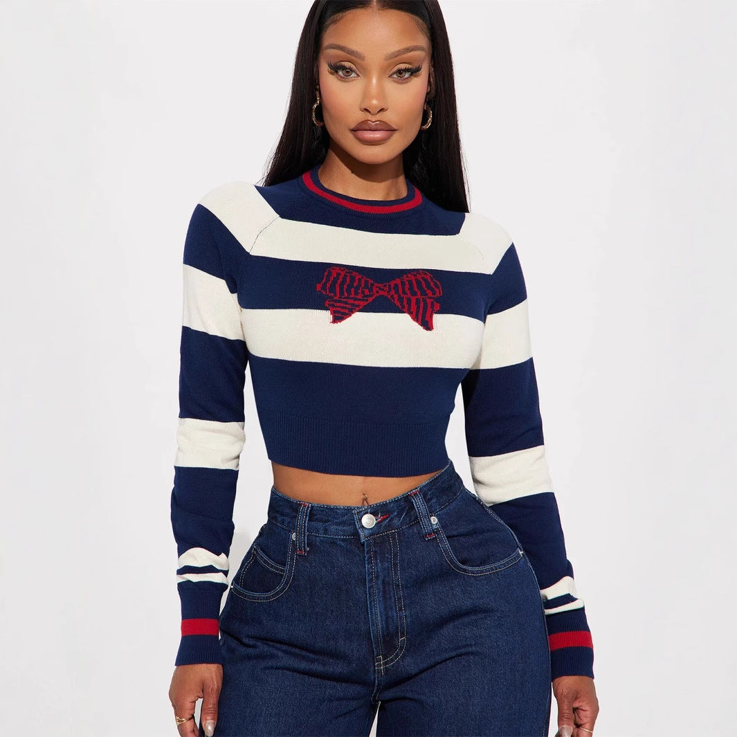 Fall round Neck Contrast Color Striped Retro Short Bare Cropped Slim Fit Sexy Long Sleeve Top