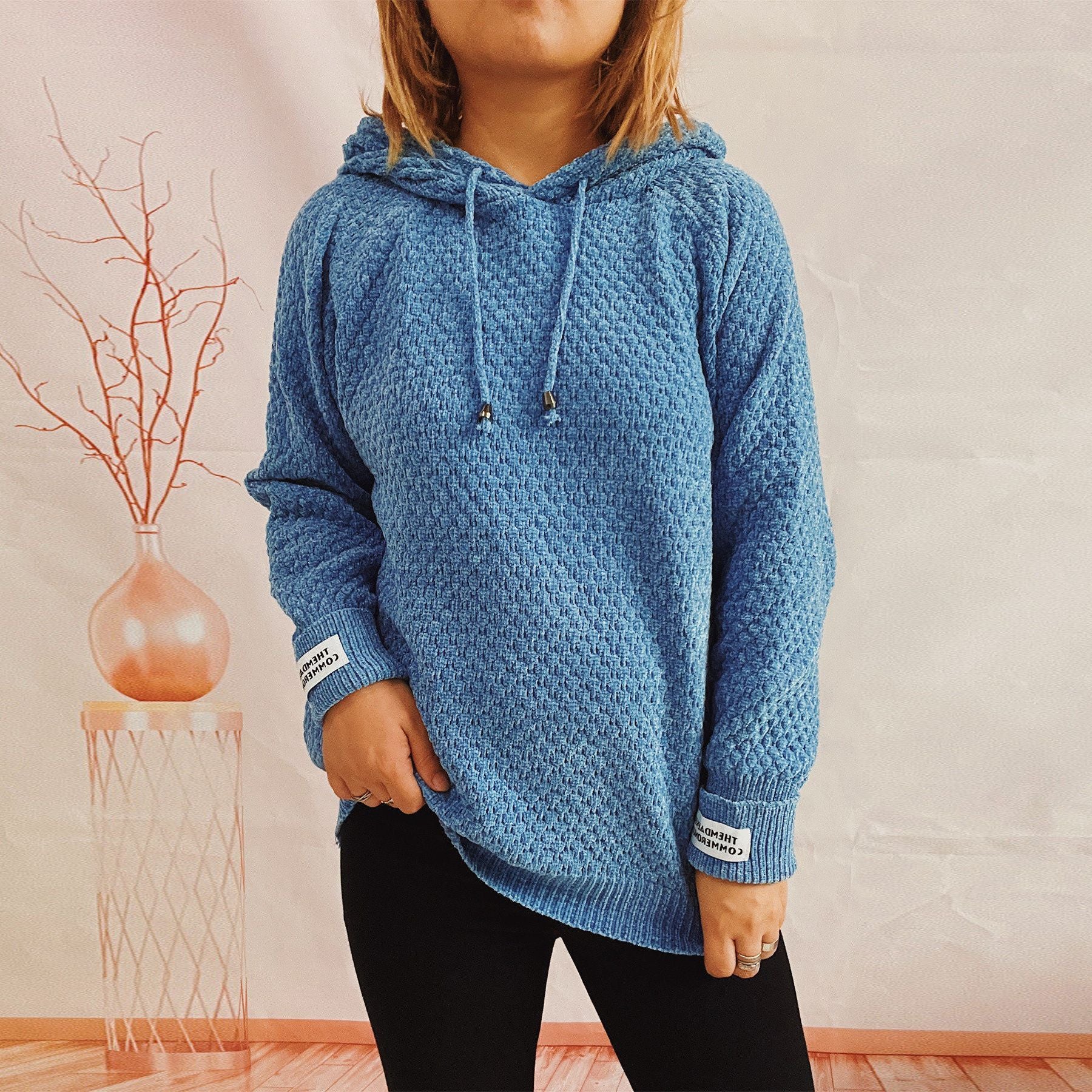 Autumn Winter Hoodie Knitwear Loose Solid Color Patch Sweatshirt Pullover for Women