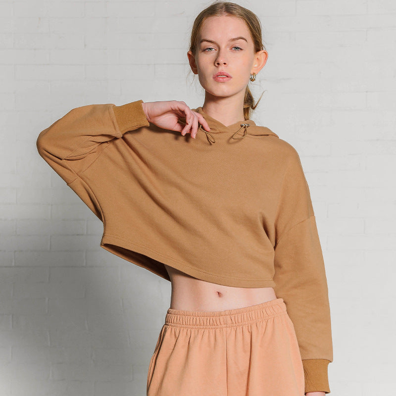 Sports Hoodie Short Women Clothing Cropped Loose Hooded Yoga Clothing Top Coat