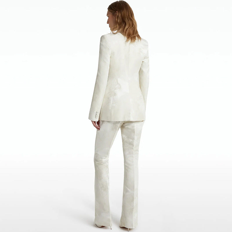 Women Elegant Jacquard Double Breasted Blazer Long Sleeved Two Piece Set